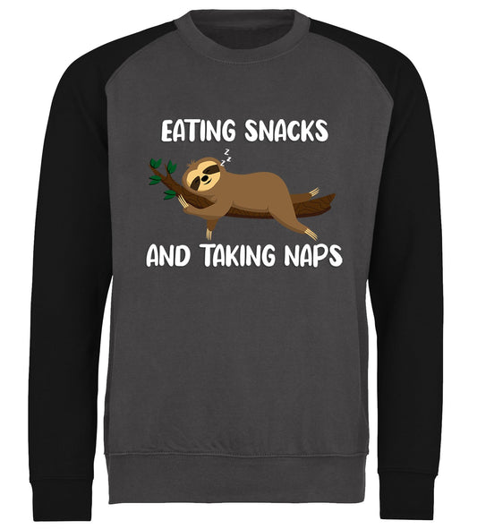 Eating Snack And Taking Naps Funny Sloth Baseball Sweatshirt