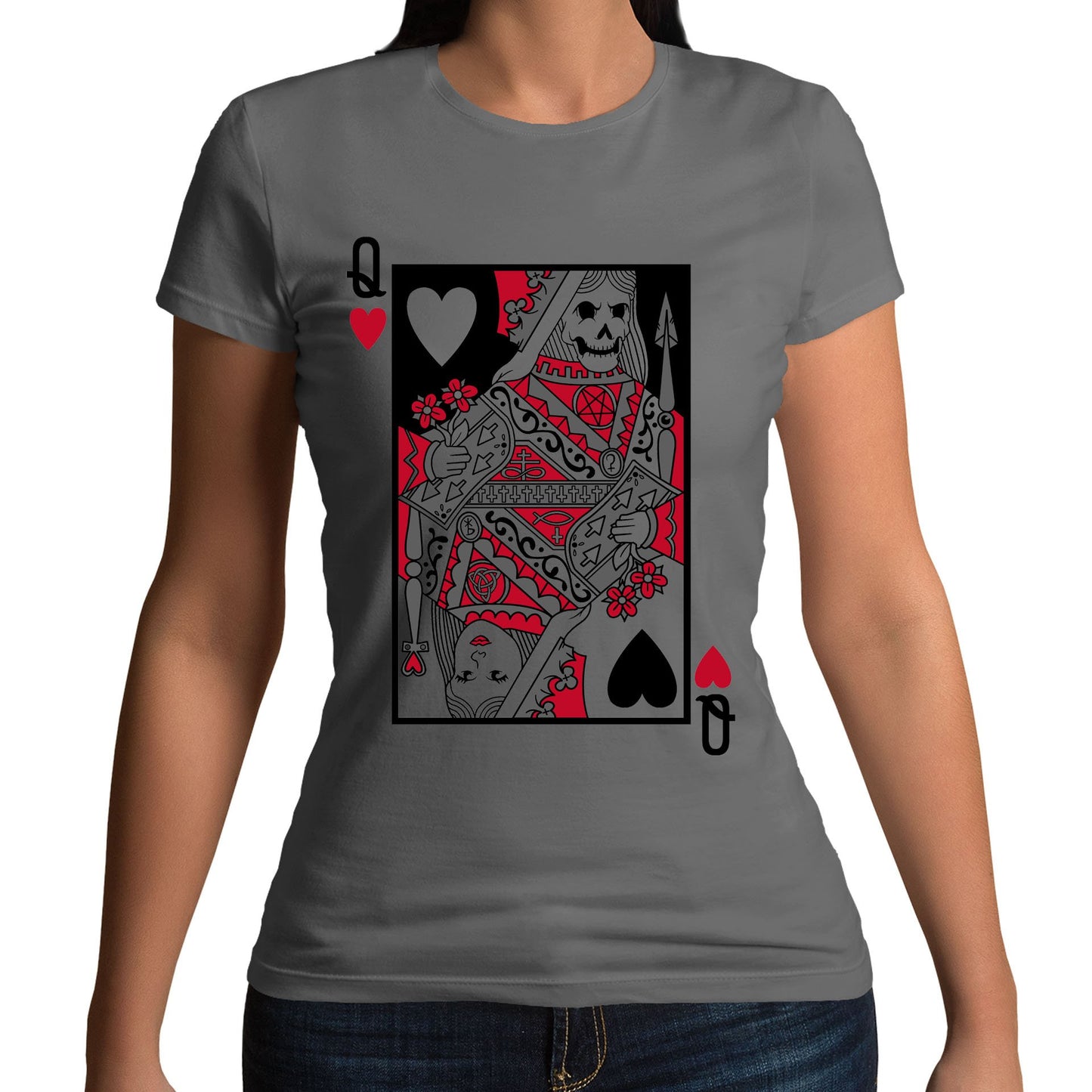 Queen Of Hearts Evil Playing Card Womens T-shirt