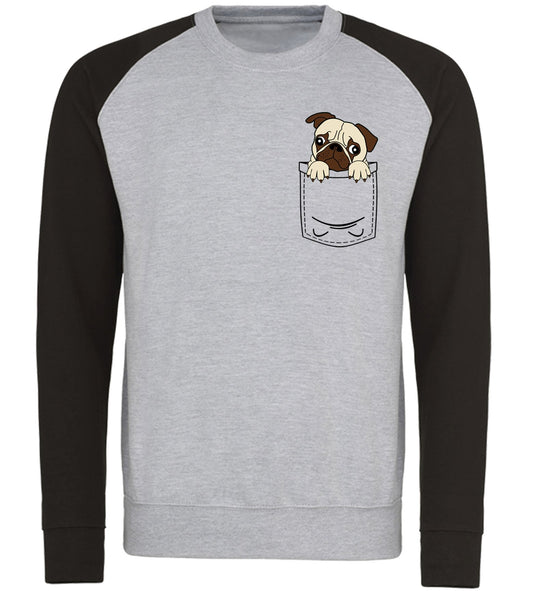 Pug Pocket Print Baseball Sweatshirt